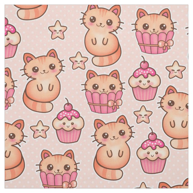 Tecido Gatos e Cupcakes Cutes Cons e Padrões Rosa (Modelo)