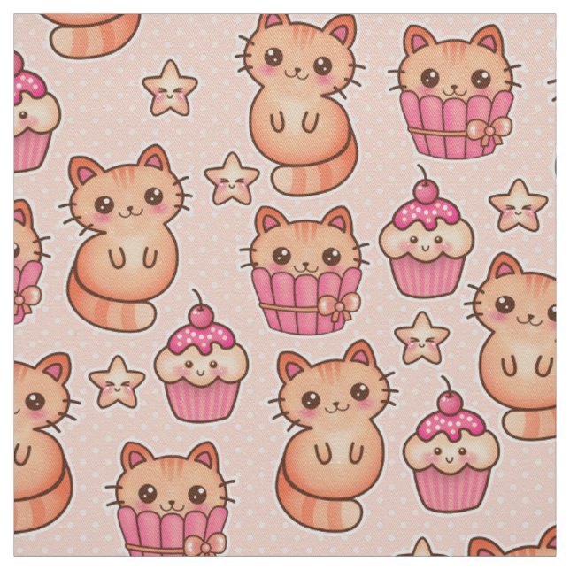 Tecido Gatos e Cupcakes Cutes Cons e Padrões Rosa (Modelo)