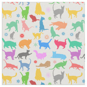Tecido Gatos E Estrelas Coloridos