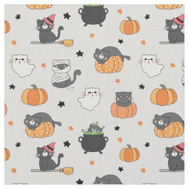 Tecido Gatos e Padrão Fantasmas do Halloween (Detalhe)