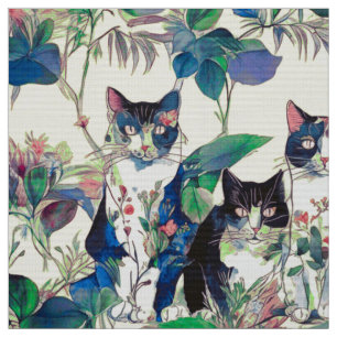 Tecido Gatos em Aquarela em um Jardim
