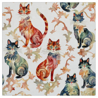 Tecido Gatos em Padrão Chinês de Aquarela