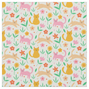 Tecido Gatos Felizes Retro com Flores Laranja Vermelho e