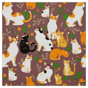 Tecido Gatos Fofos em um Fundo Marrom Café