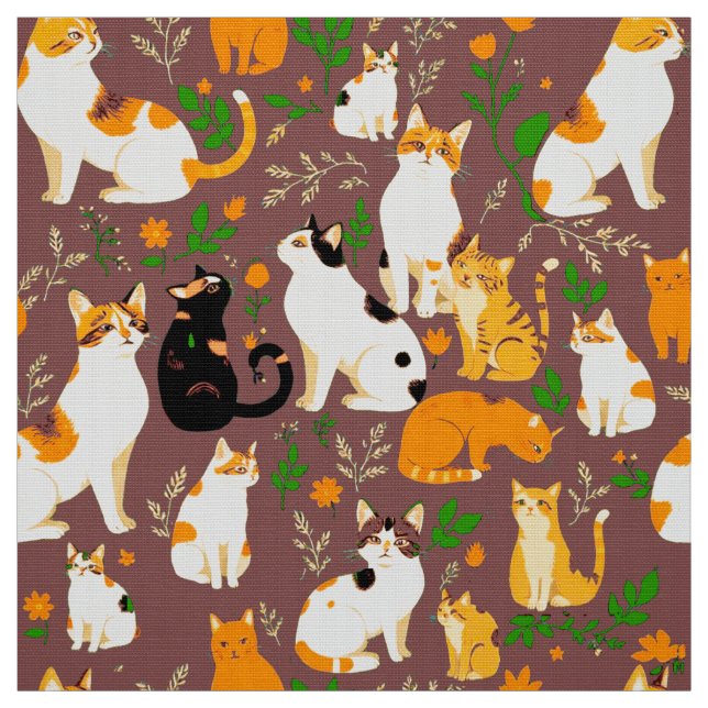 Tecido Gatos Fofos em um Fundo Marrom Café (Modelo)