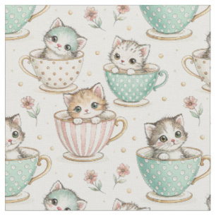 Tecido Gatos Fofos em Xícaras de Chá - Padrão de Design d