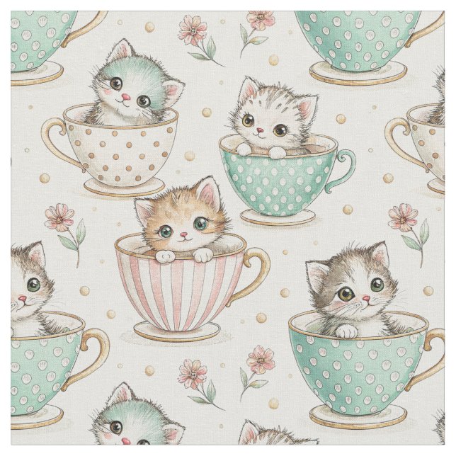 Tecido Gatos Fofos em Xícaras de Chá - Padrão de Design d (Detalhe)