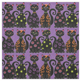 Tecido Gatos negros giros no padrão de Halloween roxo