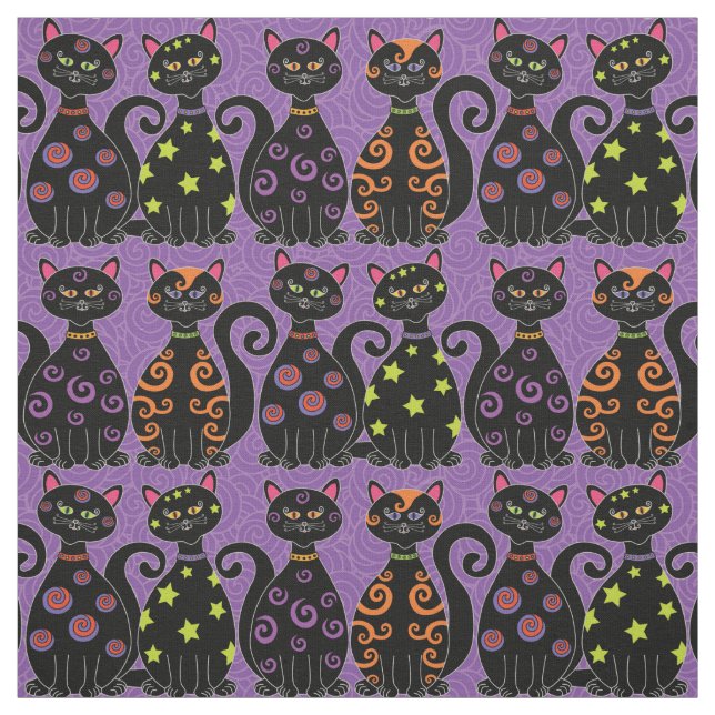 Tecido Gatos negros giros no padrão de Halloween roxo (Modelo)