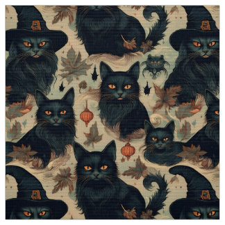 Tecido Gatos negros góticos no padrão do chapéu de bruxa