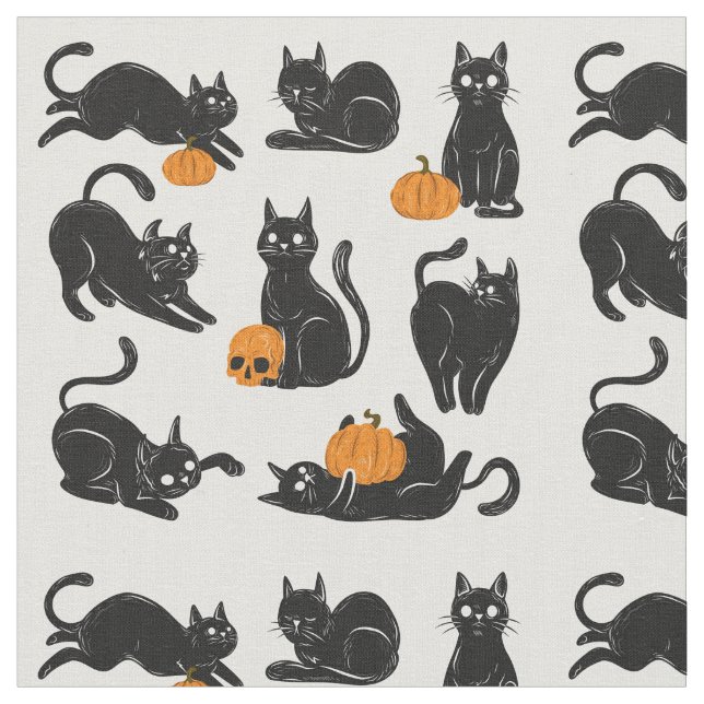 Tecido Gatos Negros, Halloween, Pumpkins e Skulls (Detalhe)