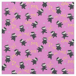 Tecido Gatos Ninja com Energia Estrela em Fundo Rosa