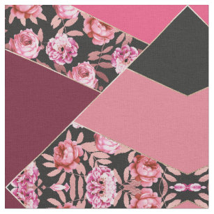 Tecido Geométrico floral preto cor-de-rosa Dourado