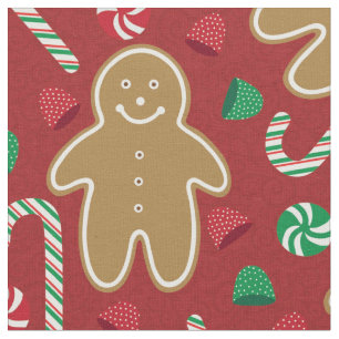 Tecido Gingerbread Men Gumdrops Candy Cane em Vermelho