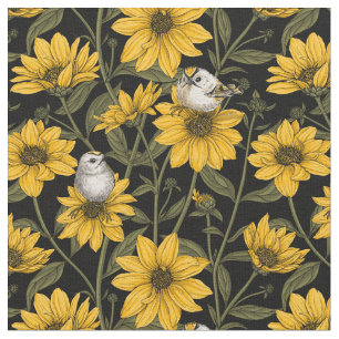 Tecido Girassóis selvagens e aves de crista dourada/ amar