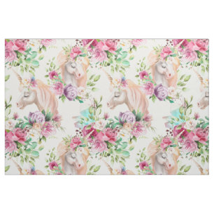 Tecido Girly Chic Modern Watercolor Floral Unicorn