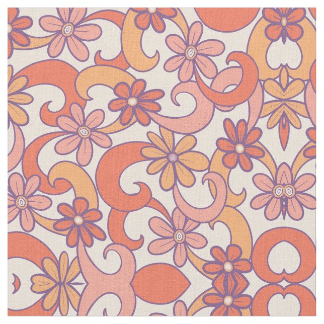 Tecido Girly Retro Cor-de-rosa - Flores de Groovy Laranja (Detalhe)