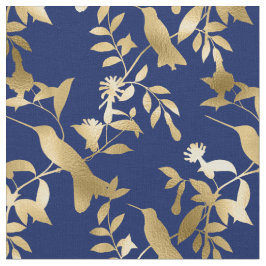 Tecido Glam Dourado Hummingbird Marinho Gráfico Azul