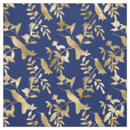 Tecido Glam Dourado Hummingbird Marinho Gráfico Azul