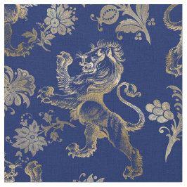 Tecido Glam Dourado Leões Flores Marinho Gráfico Azul
