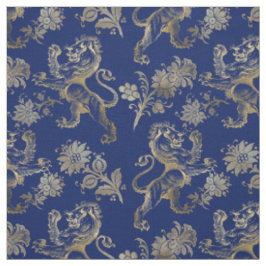 Tecido Glam Dourado Leões Flores Marinho Gráfico Azul