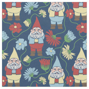 Tecido Gnomos de Jardim com Flores Marinho Azul Padrão
