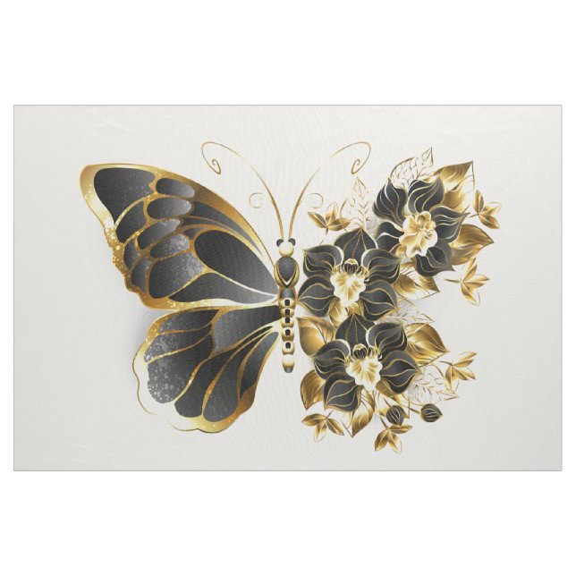Tecido Gold Flower Butterfly with Black Orchid (Jarda)