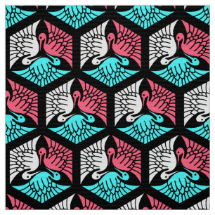 Tecido Gruas japonesas, coral, turquesa e preto