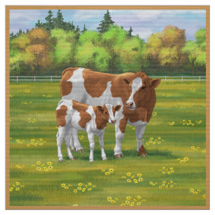 Tecido Guernsey Cow & Cute Calf na Pastagem de Verão