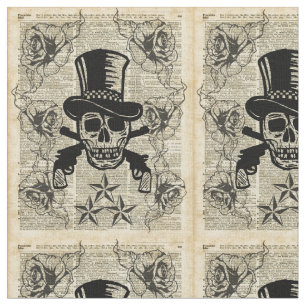 Tecido Gunslinger, crânio feliz, armas, rosas, presente,