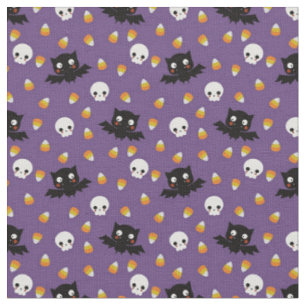 Tecido Halloween - Crânios, morcegos e milho doce em rox