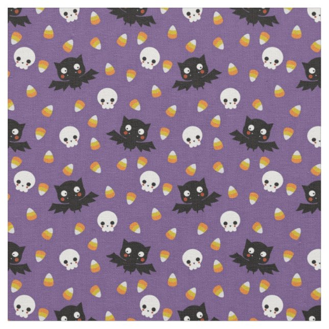 Tecido Halloween - Crânios, morcegos e milho doce em roxo (Detalhe)