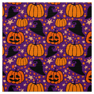 Tecido Halloween Jack O'Lantern E Bruxa Roxo De Chapéu 