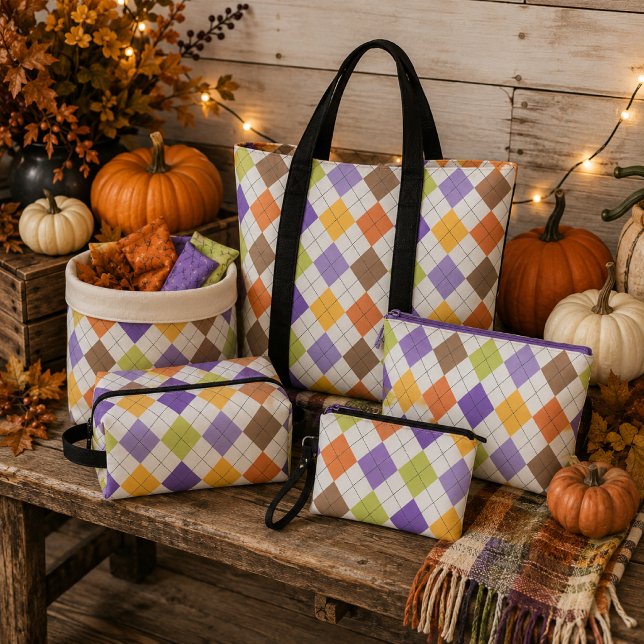 Tecido Halloween Outono Argyle Roxo Laranja & Verde Lima (Criador carregado)