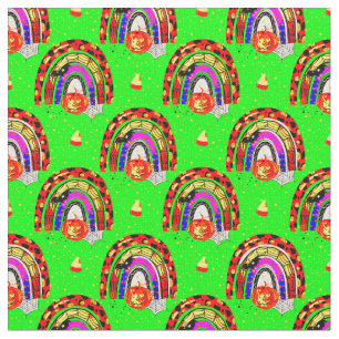 Tecido Halloween Retro Leopard Rainbow Pumpkin em Verde