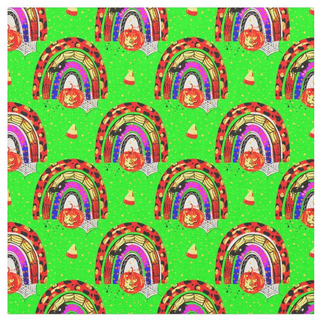 Tecido Halloween Retro Leopard Rainbow Pumpkin em Verde (Detalhe)