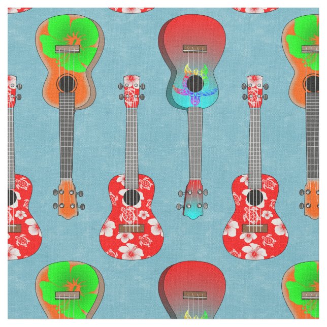 Tecido Havaiano Ukuleles em Azul (Detalhe)