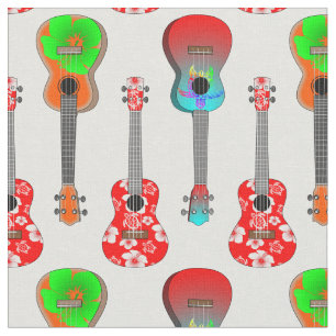 Tecido Havaiano Ukuleles no Floral Hibiscus