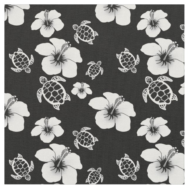 Tecido Hawaiian preto e branco de Honu do hibiscus (Detalhe)
