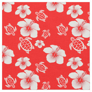 Tecido Hawaiian vermelho de Honu do hibiscus