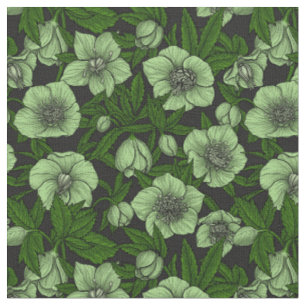 Tecido Hellebores brancos com folhas
