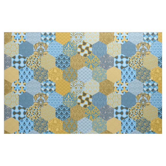 Tecido Hexágonos de Colheita Amarelo e Azul (Fat Quarter)