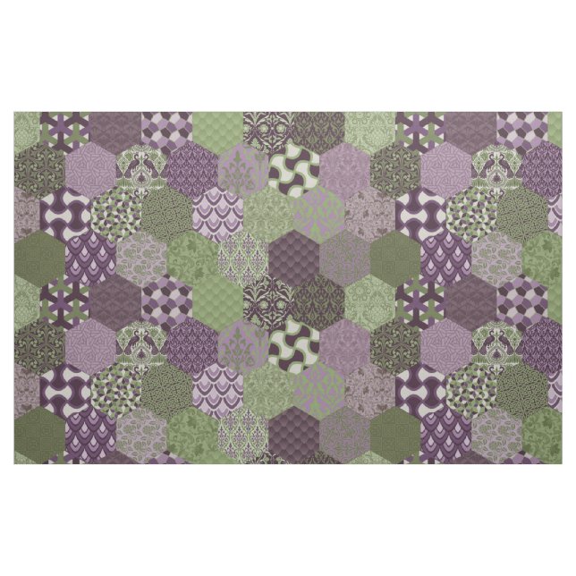 Tecido Hexágonos de Patches Roxo e Verde (Fat Quarter)
