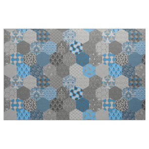 Tecido Hexágonos de retalhos Azul e Cinzas