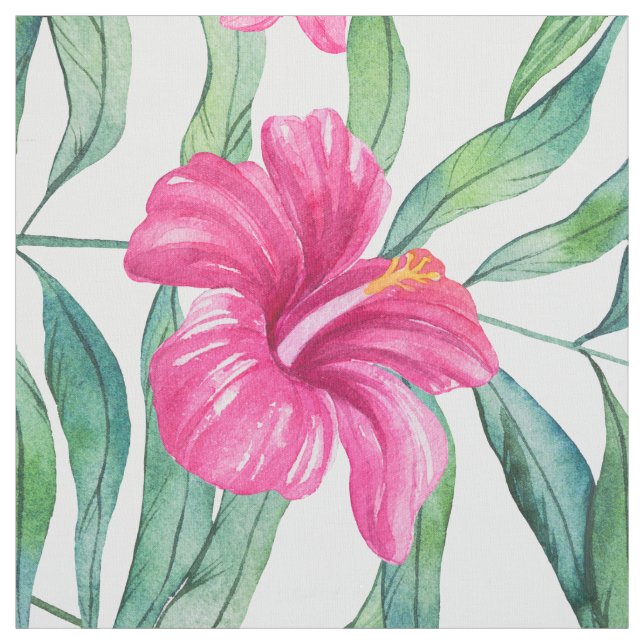 Tecido hibisco rosa com padrão tropical das folhas verdes (Modelo)
