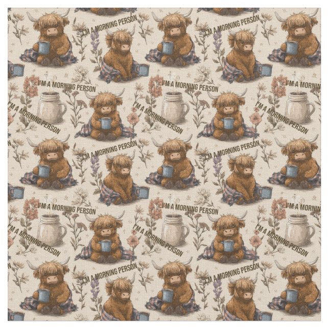 Tecido Highland Cow Morning Coffee Cozy Farmhouse Pattern (Detalhe)