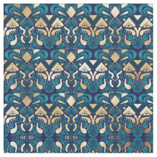 Tecido Hipster Dourado Emerald Blue Tribal Artsy Damask
