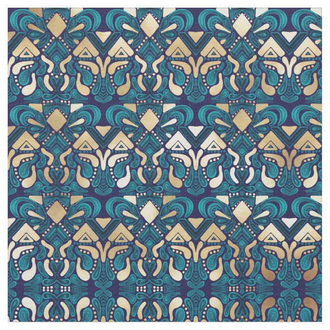 Tecido Hipster Dourado Emerald Blue Tribal Artsy Damask (Detalhe)