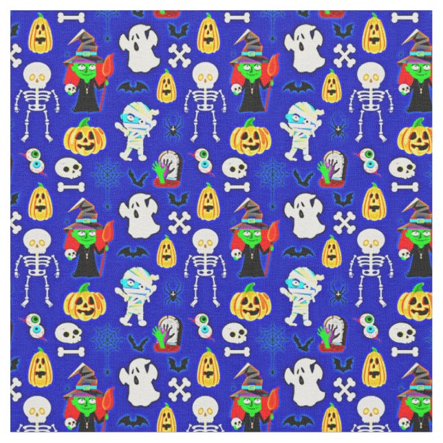 Tecido Ícones de Designs do Dia das Bruxas em Azul (Detalhe)