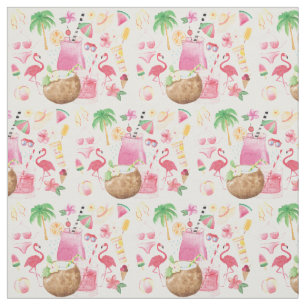 Tecido Ícones de praia de aquarela Flamingos Palm Trees